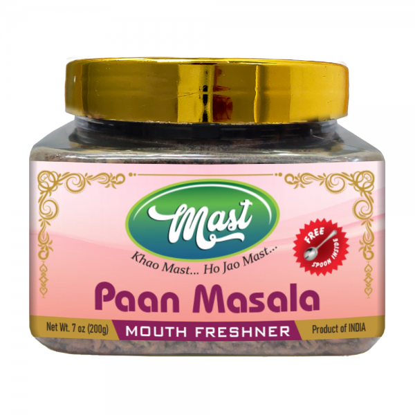 A jar of Paan Masala Mukhwas 180gm with a spoonful of colorful mouth fresheners on a white surface.