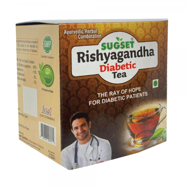 A cup of New Sugset Diabetic Tea with a tea bag, placed on a wooden table next to fresh green leaves and a sugar-free label.